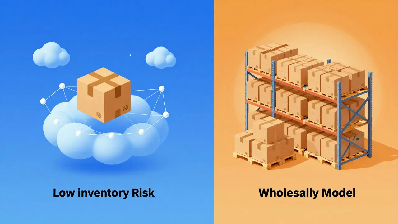Visual comparison of low-risk dropshipping vs high-control wholesale