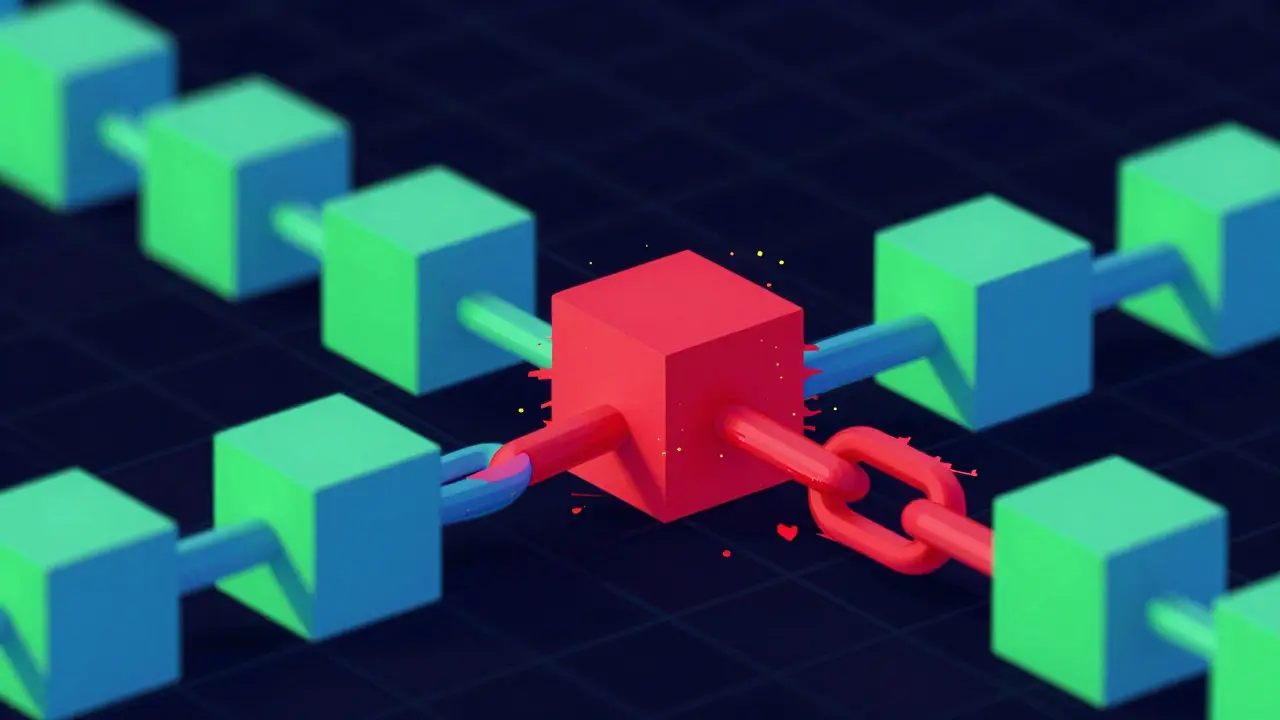 Visual metaphor of a broken chain link showing blockchain immutability