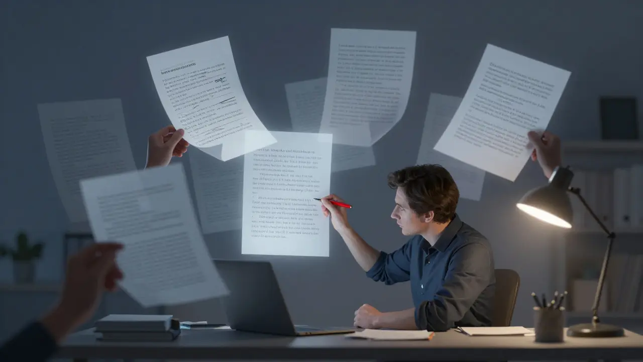 Writer revising manuscripts with floating translucent pages