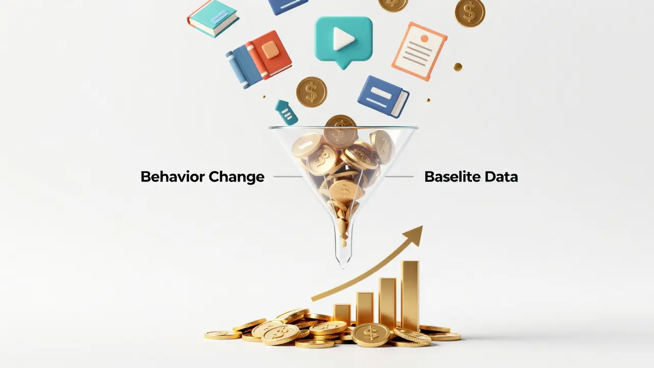 3D graphic showing training icons flowing through a funnel into gold coins and charts