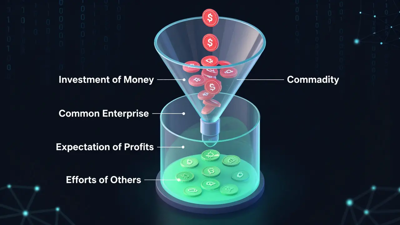 A glass funnel illustrating the Howey Test filtering crypto tokens into securities or commodities.