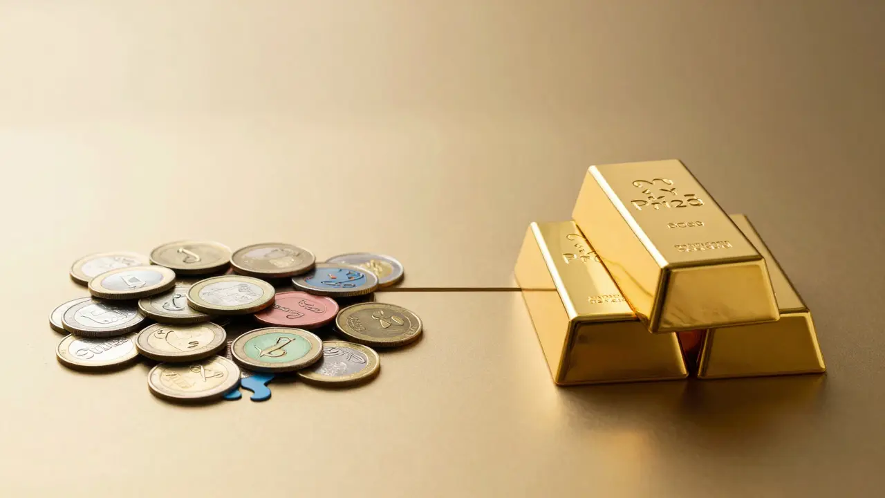 Abstract comparison of small colorful coins versus a large solid gold bar