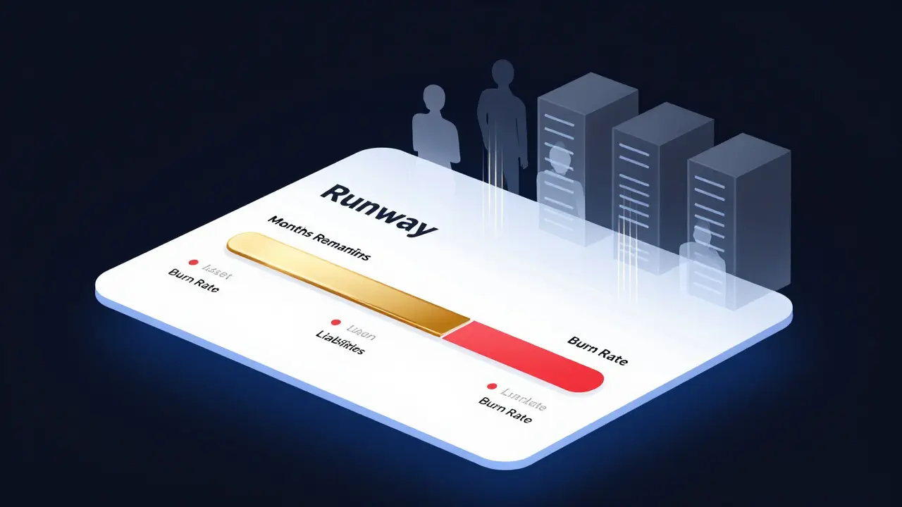 Abstract dashboard visualizing crypto runway with assets minus liabilities and burn rate.