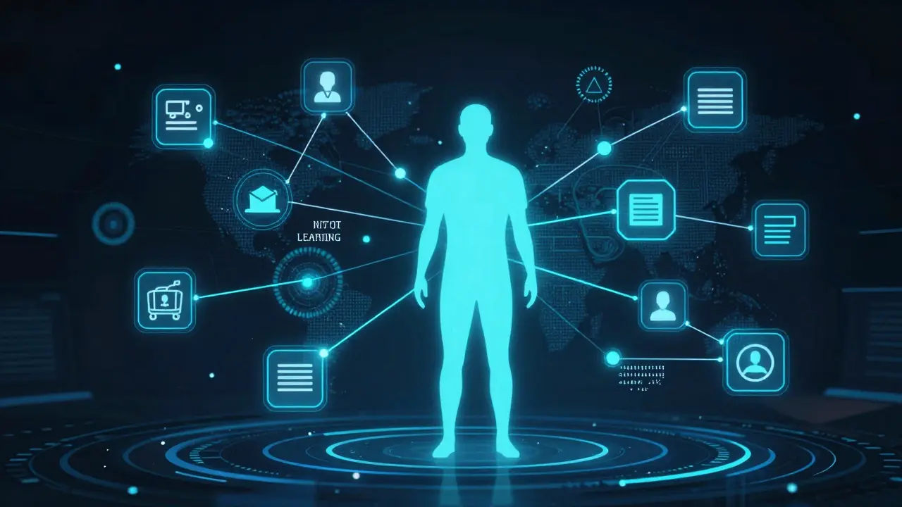 Abstract visualization of adaptive learning algorithms connecting users to customized content.