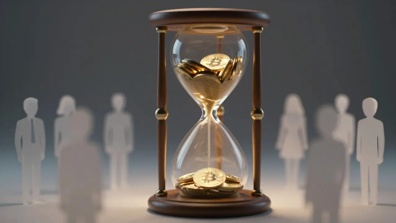 An hourglass with glowing coins slowly falling, illustrating vesting schedules