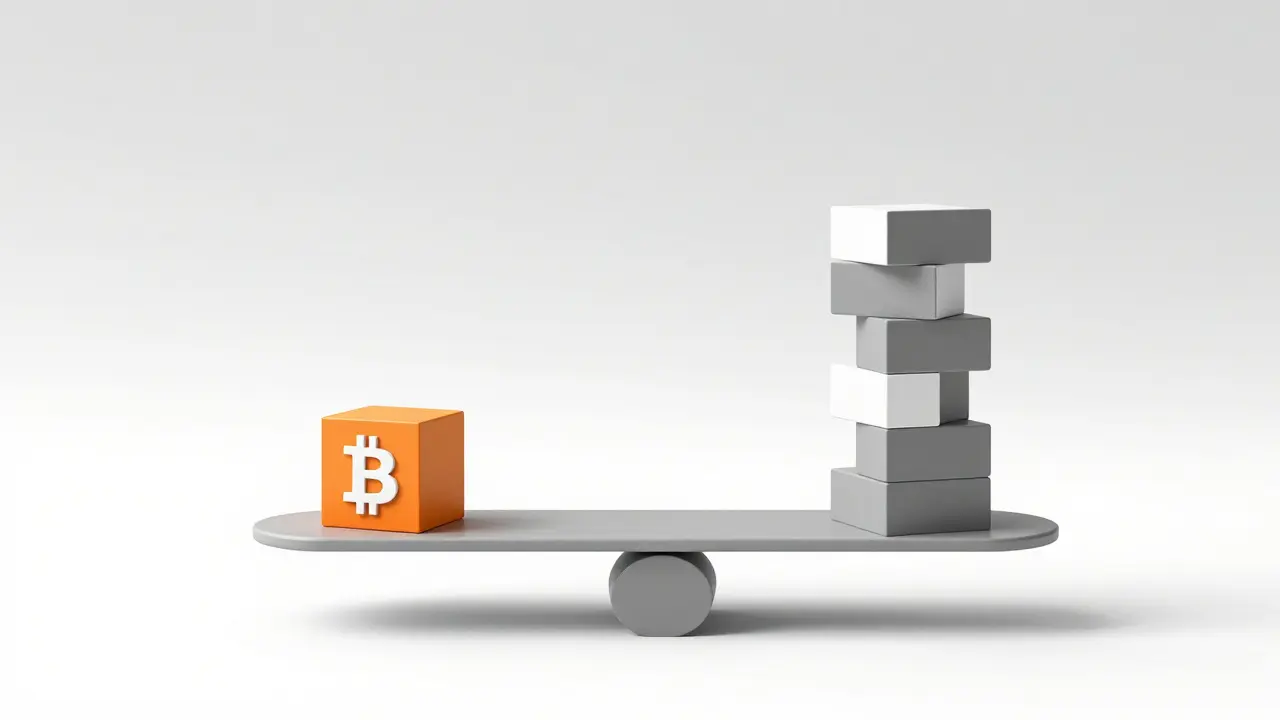 Balance scale with a small orange block and larger grey blocks, representing portfolio diversification.