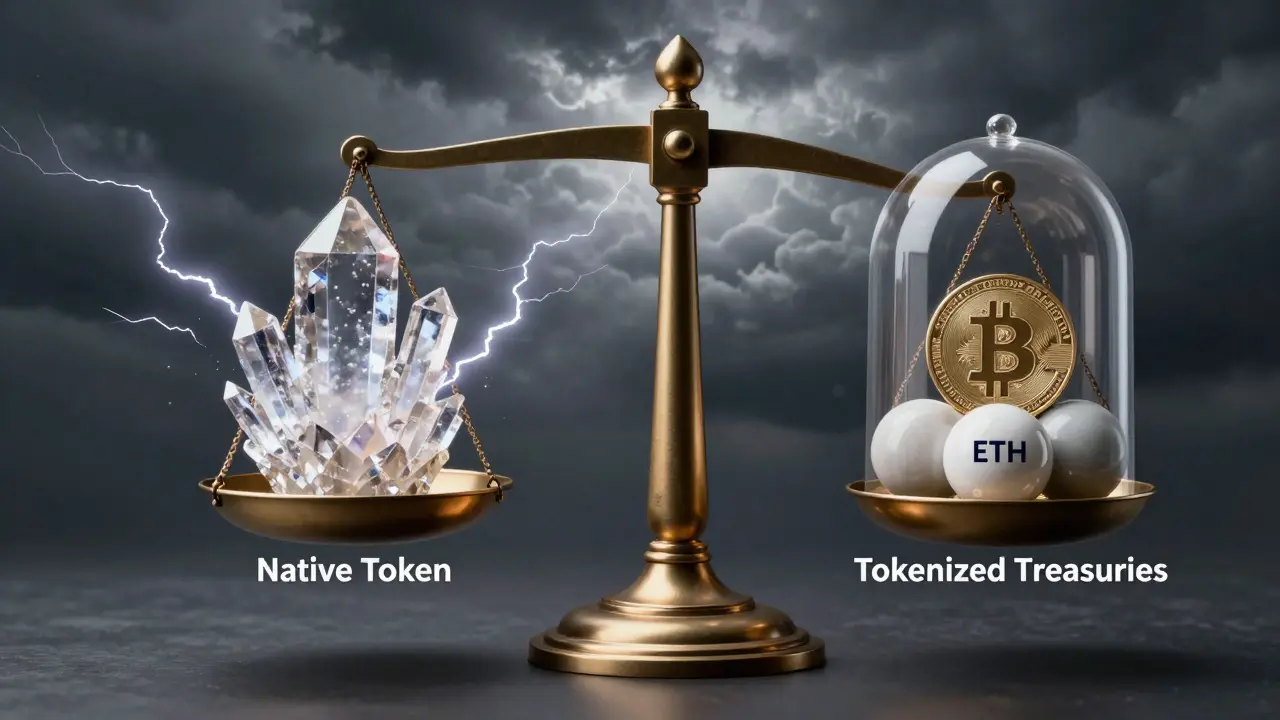 Balanced scale weighing volatile native tokens against stable diversified crypto assets.