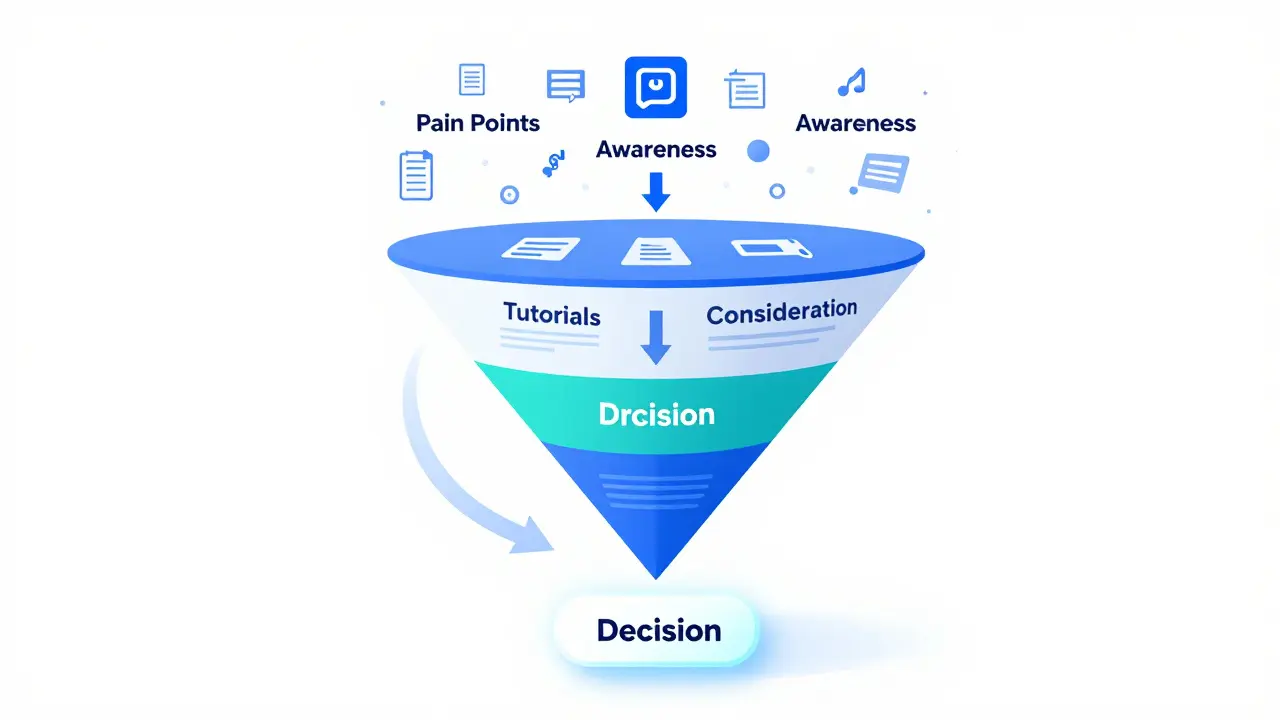 Conceptual illustration of a marketing funnel made of blog articles and stages