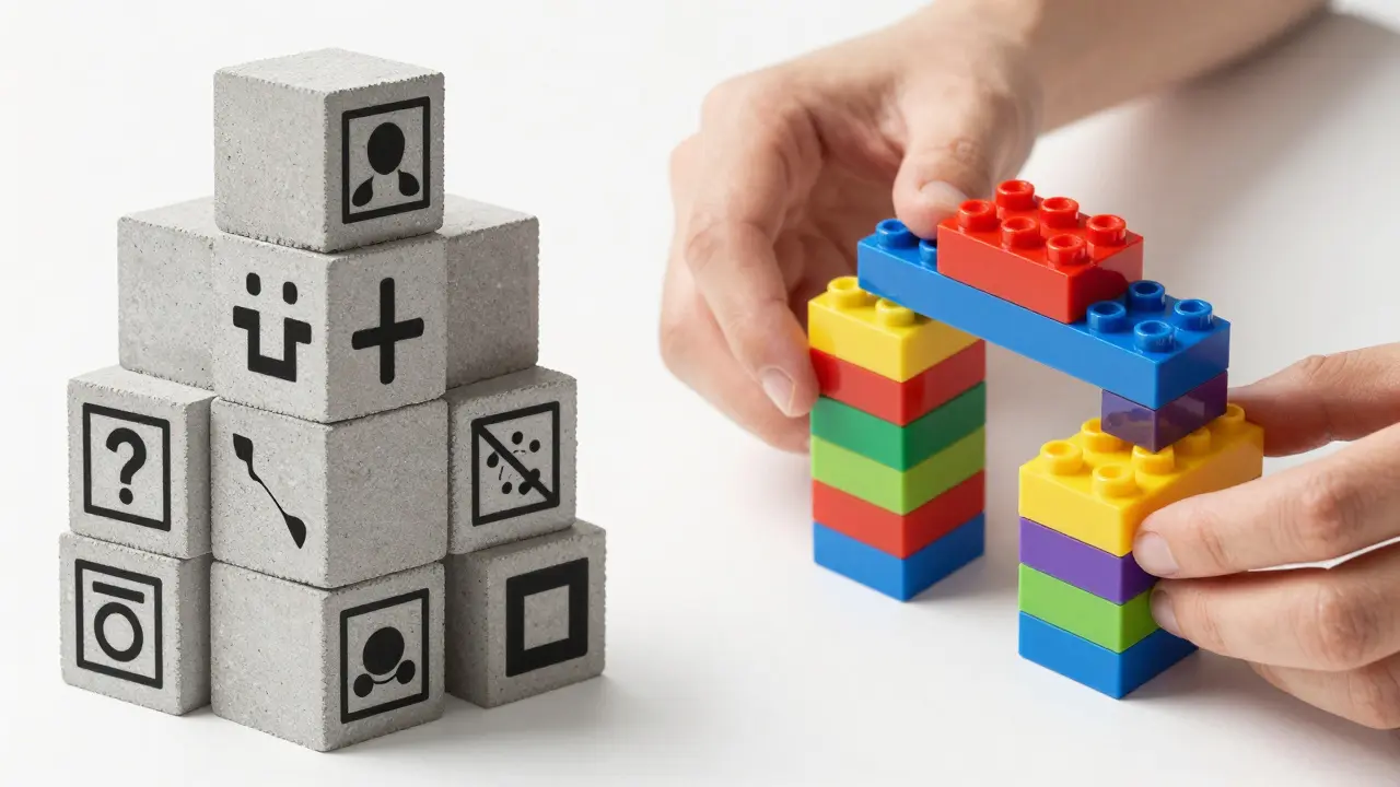 Contrast between rigid concrete blocks and flexible modular bricks representing learning design.
