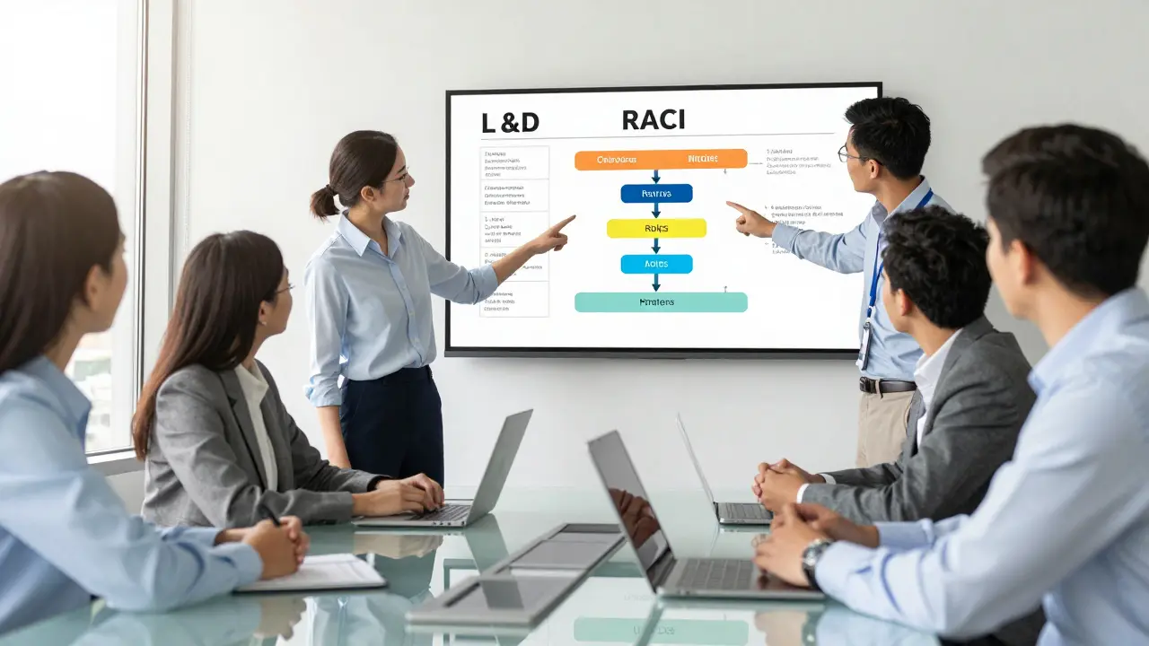Corporate team collaborating on governance strategy and role assignments in a modern office
