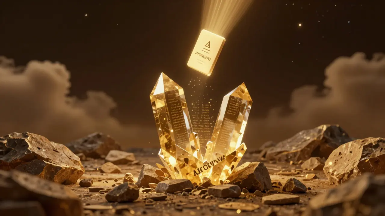 Crystal structure anchoring data permanently in a golden digital landscape