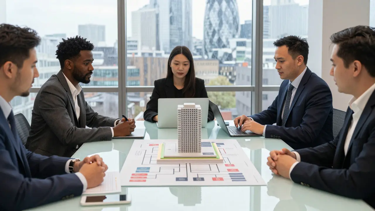 Developers and lawyers reviewing smart contract models in a London office
