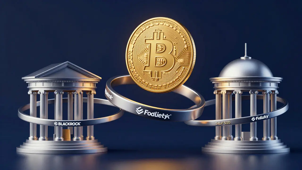 Golden Bitcoin coin merging with metallic financial rings, symbolizing market correlation.