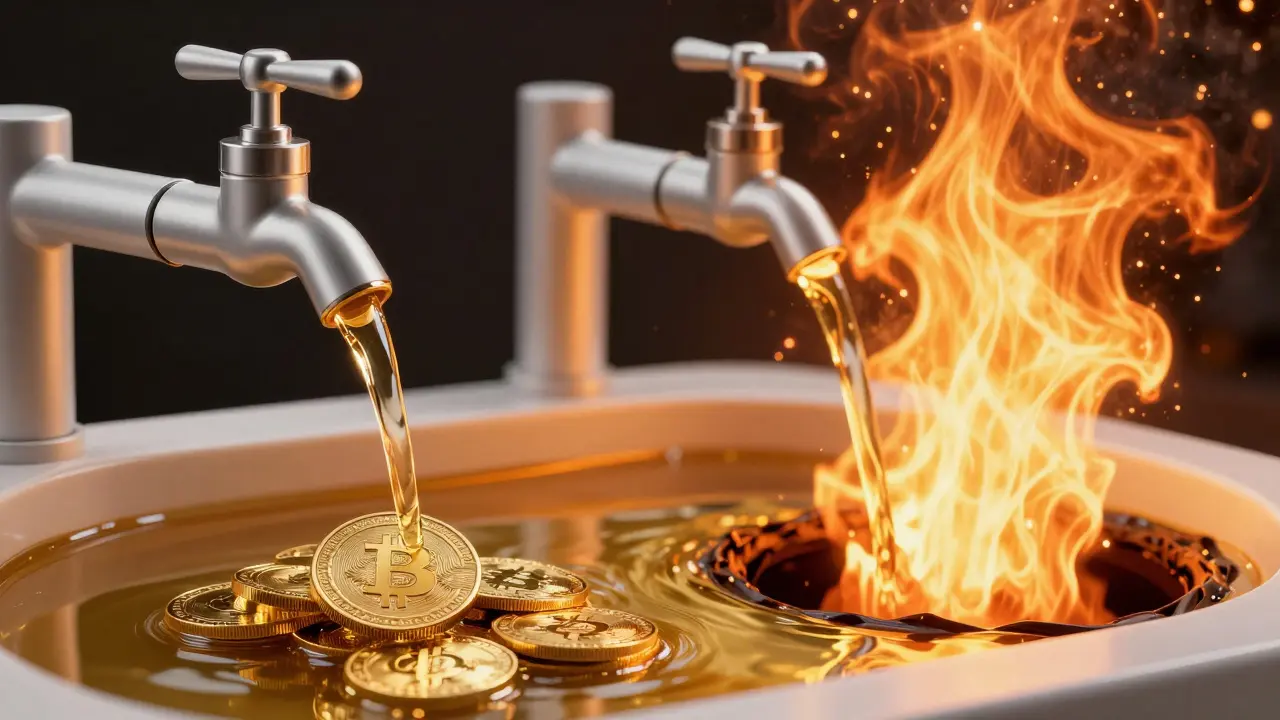 Golden liquid flowing from faucets and evaporating in sinks, symbolizing supply dynamics