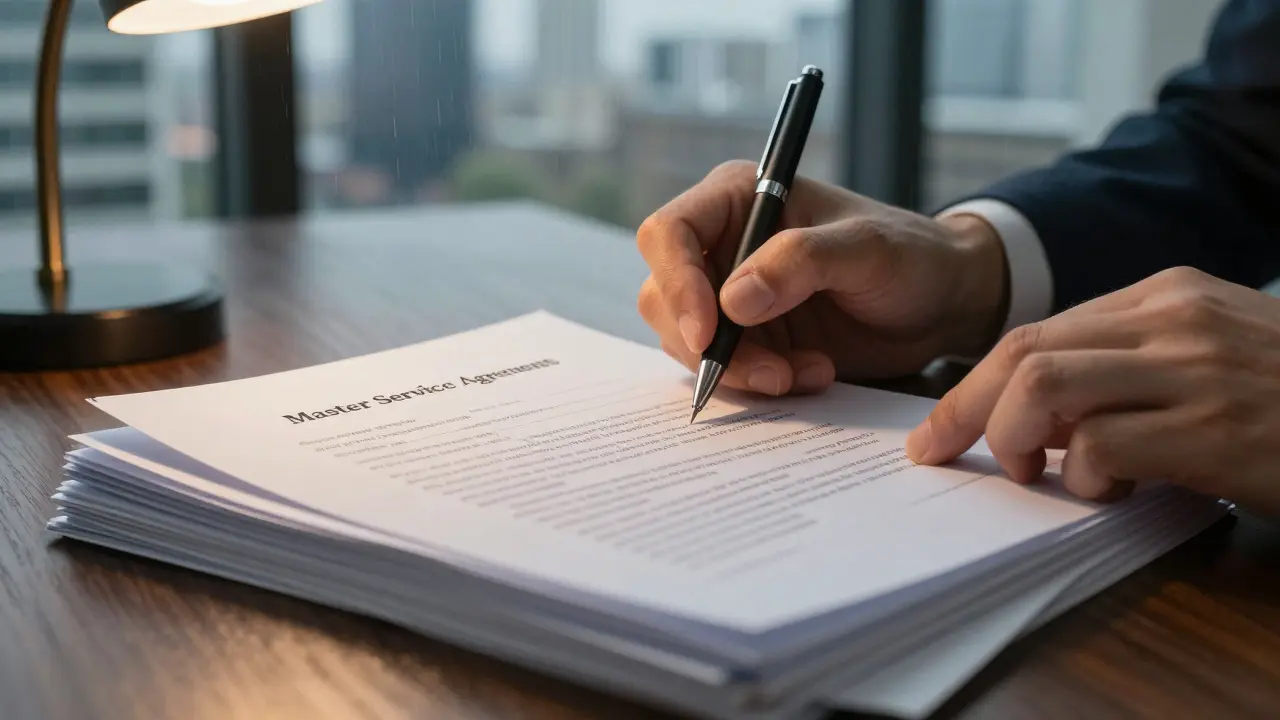 Hands signing complex legal contracts on a desk with London view