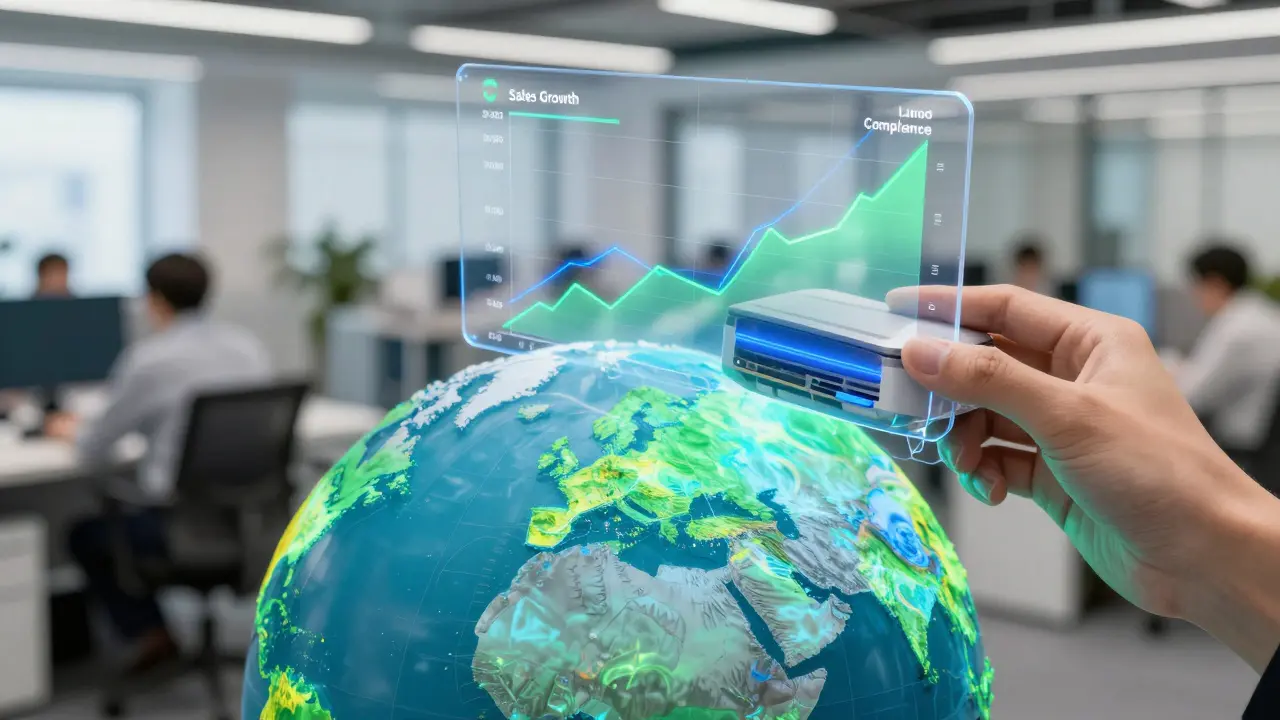 Holographic charts projecting sales trends onto a physical globe