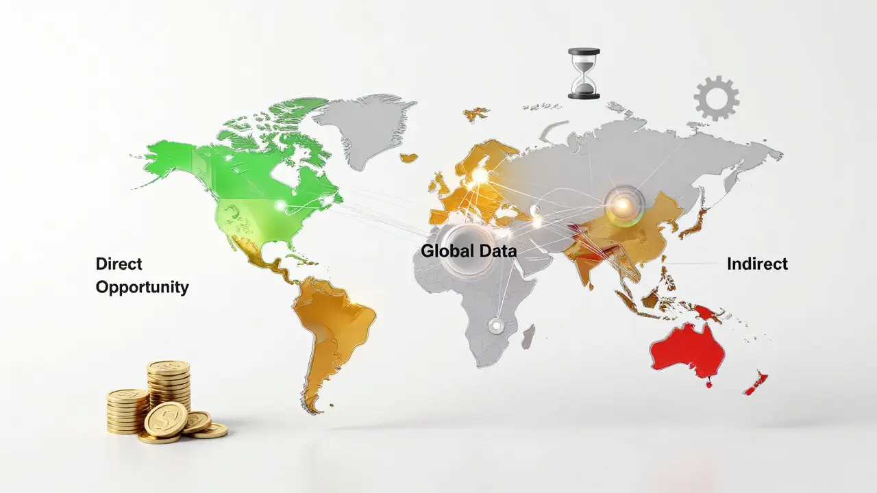 Isometric 3D map showing global ROI nodes connected by data cables