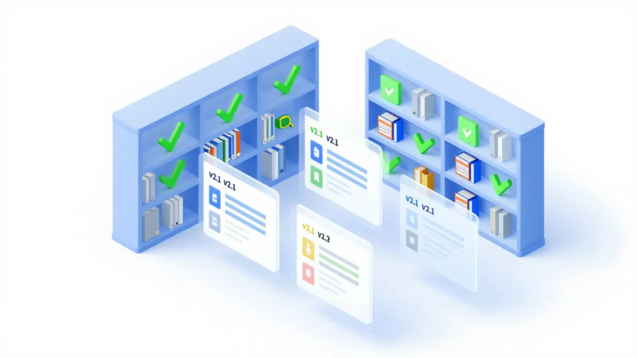 Isometric illustration of organized training modules with version tags and compliance checks