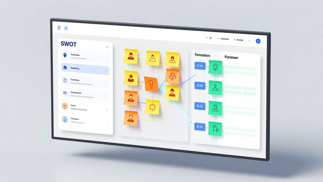 Isometric view of a digital whiteboard with templates and sticky notes
