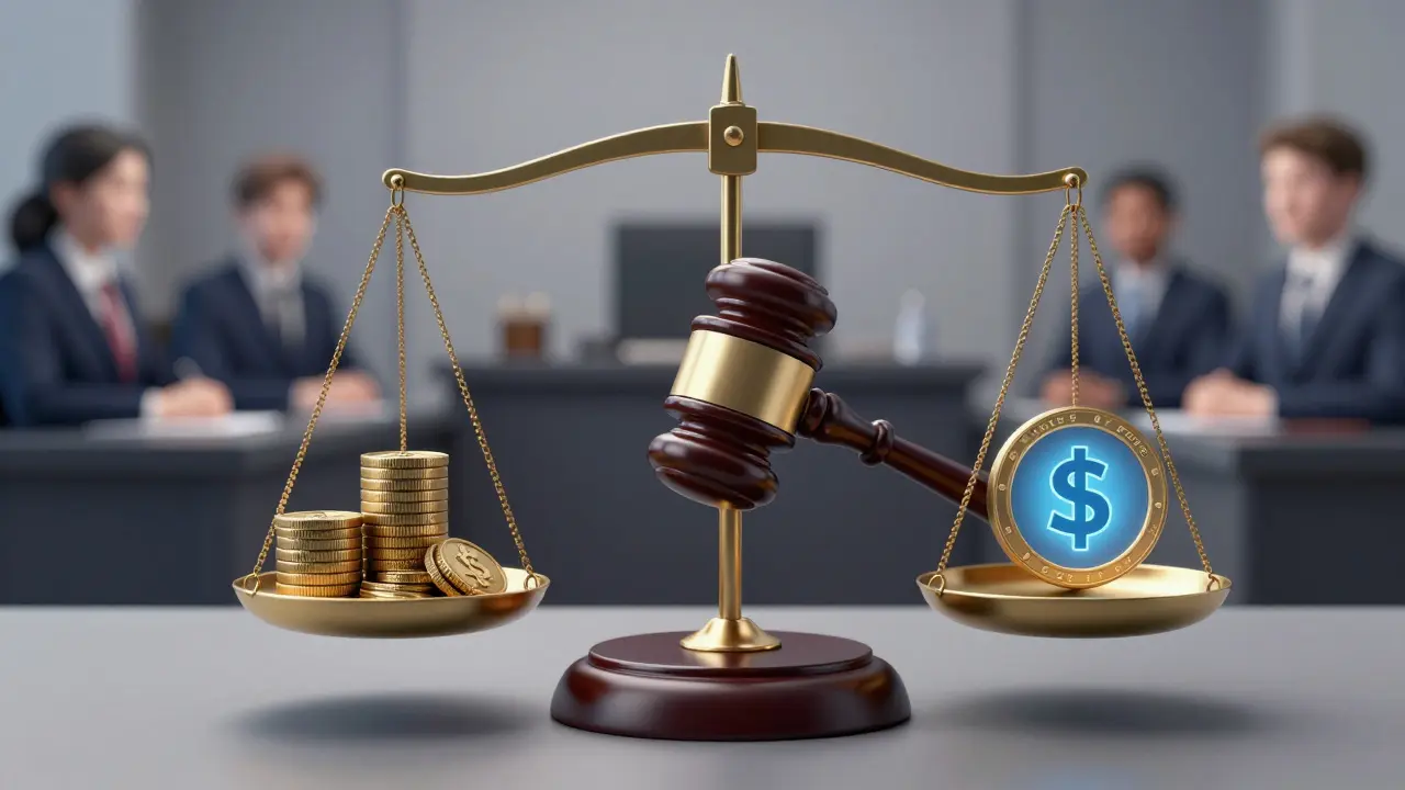 Legal scale balancing investment coins against a digital token icon