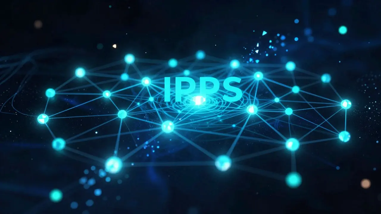 Network of glowing nodes exchanging data packets in a decentralized web