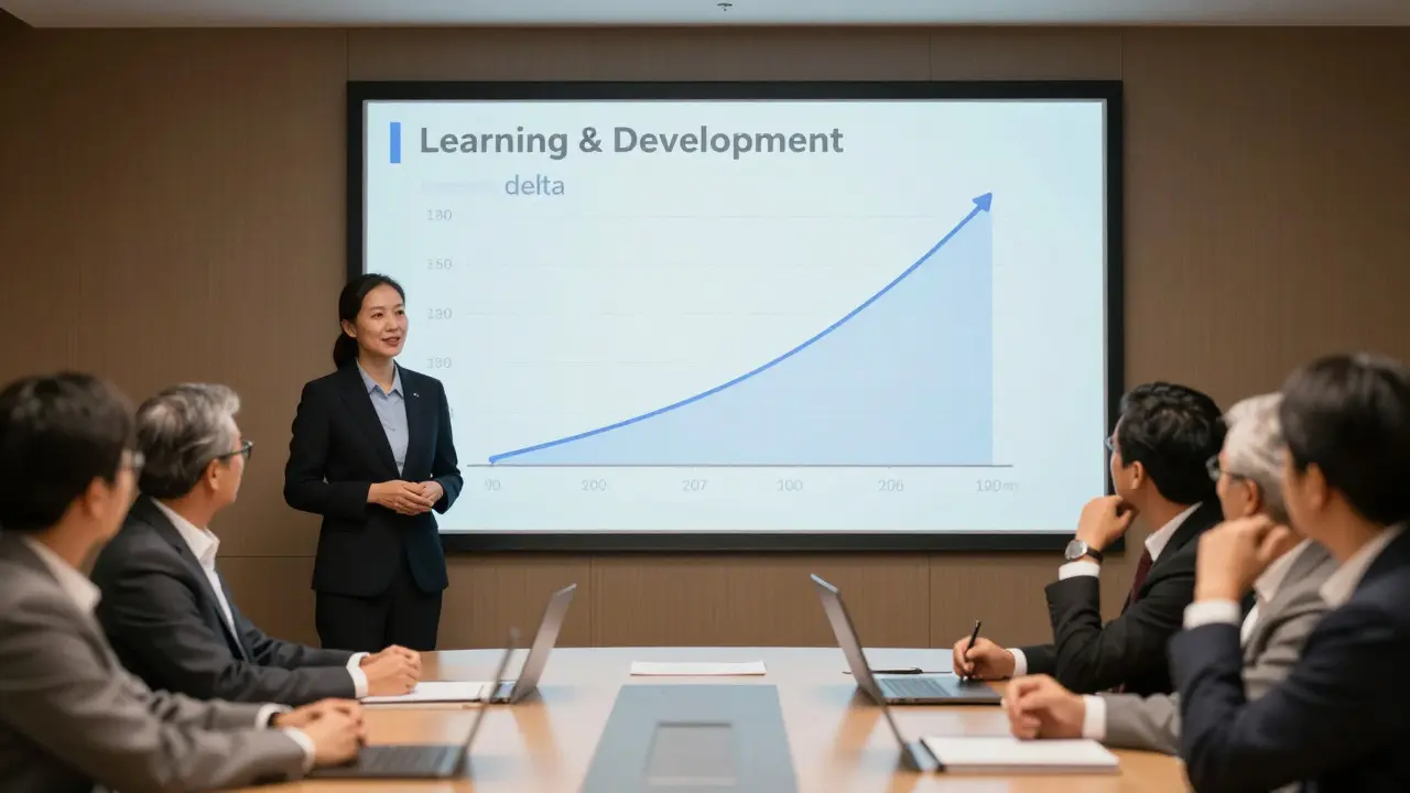Professional presenting performance improvement graphs to attentive executives in a boardroom