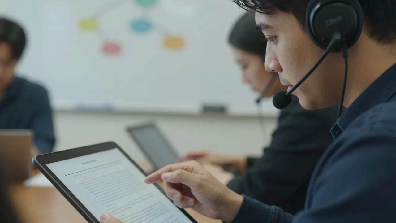Sales trainee analyzing feedback with headphones in an office