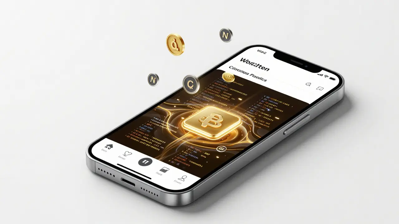 Smartphone showing social feed supported by visible blockchain infrastructure below.