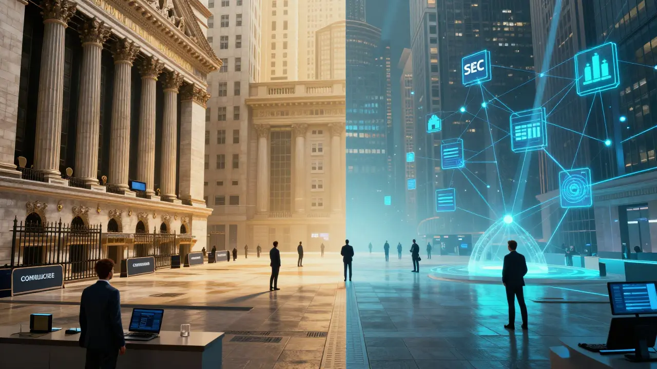 Split trading floor showing regulated securities markets versus open commodity crypto networks.