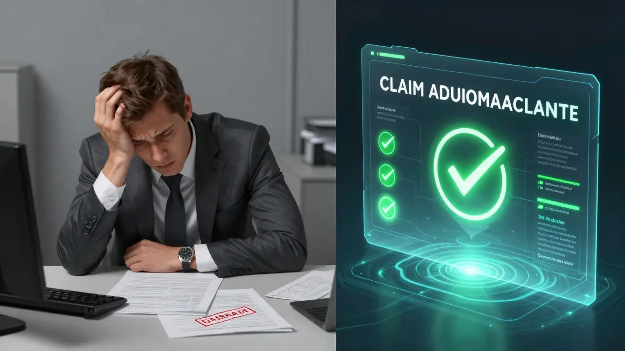 Split view contrasting slow traditional claims with fast on-chain payouts