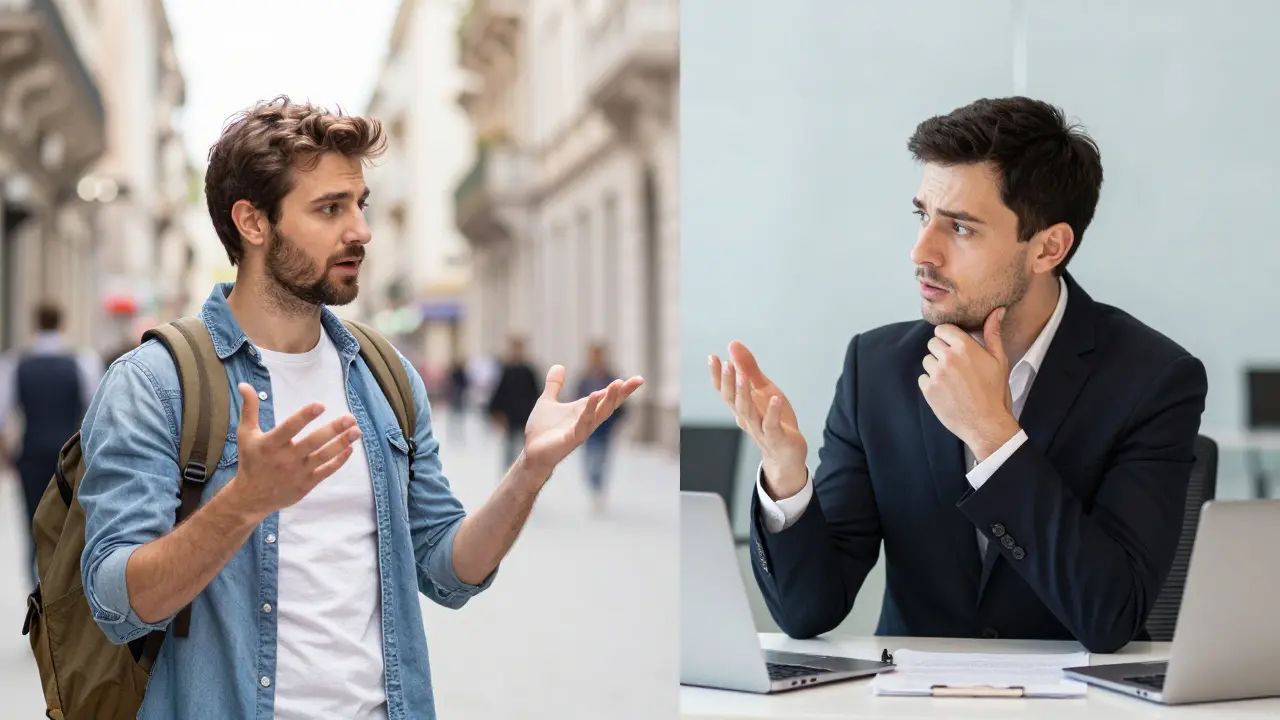 Split view of language learner and salesperson in training scenarios