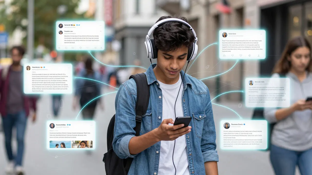 Student listening to audio summary with digital learning overlays