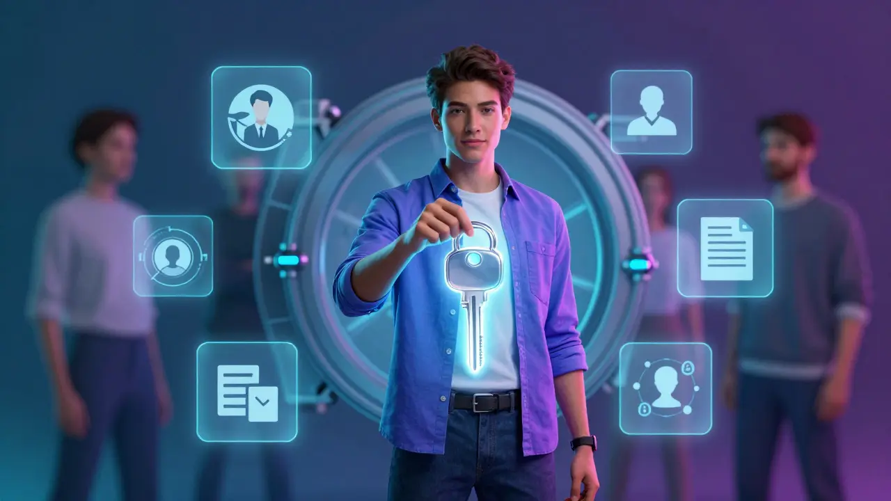 User holding a glowing cryptographic key unlocking their personal digital data vault.