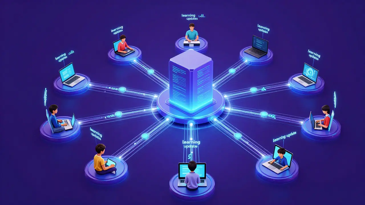 Visual metaphor of federated learning securing decentralized student data