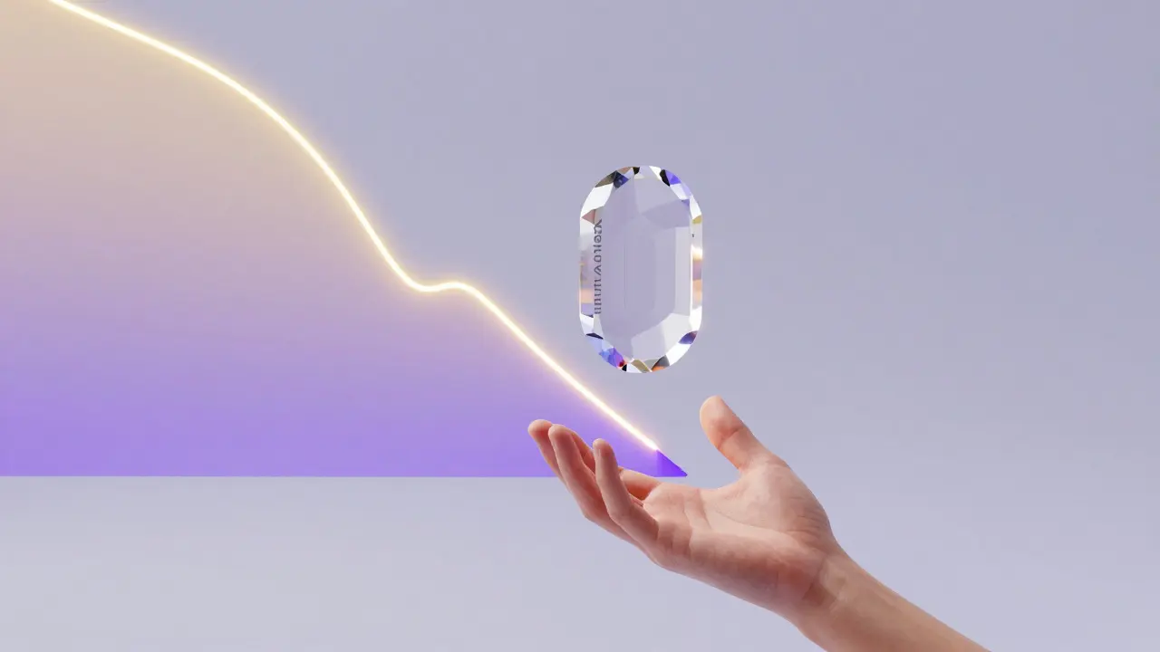 3D render of a Dutch auction with a descending price spiral and a buyer accepting a token.
