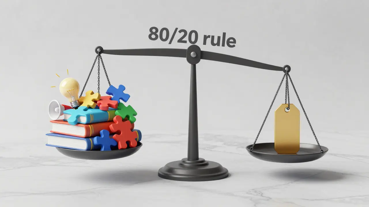3D render of a scale balancing educational content with sales