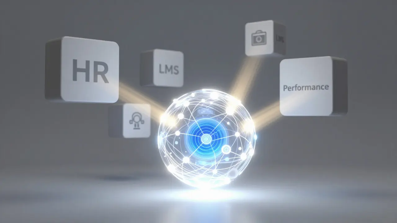 Abstract 3D art of fragmented data merging into a unified skills model