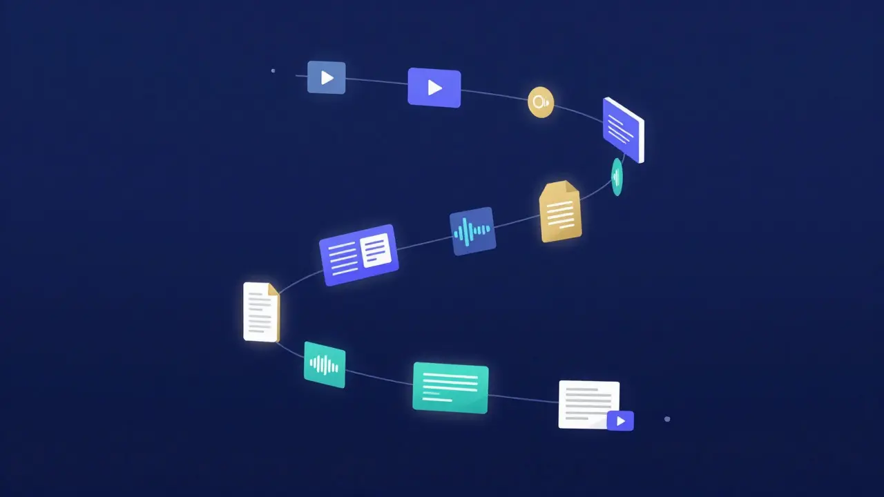 Abstract design of floating video and audio icons symbolizing async learning
