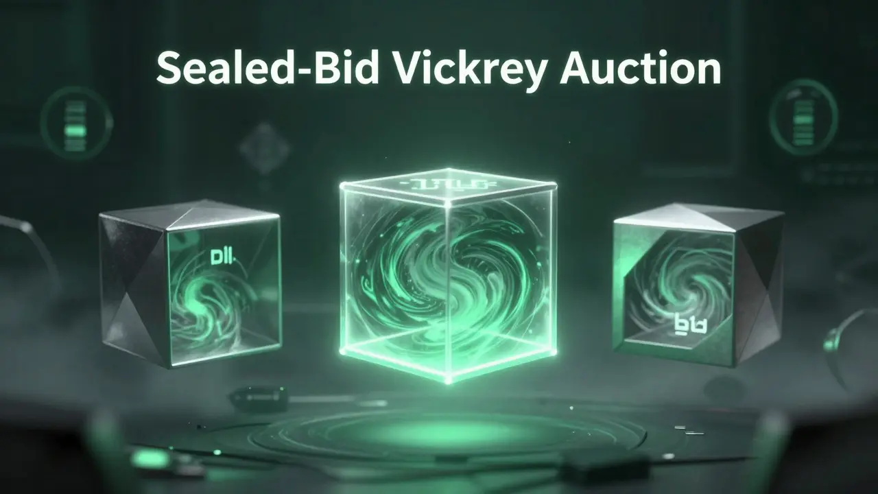 Abstract image of sealed bid boxes in a Vickrey auction highlighting privacy and winning bids.