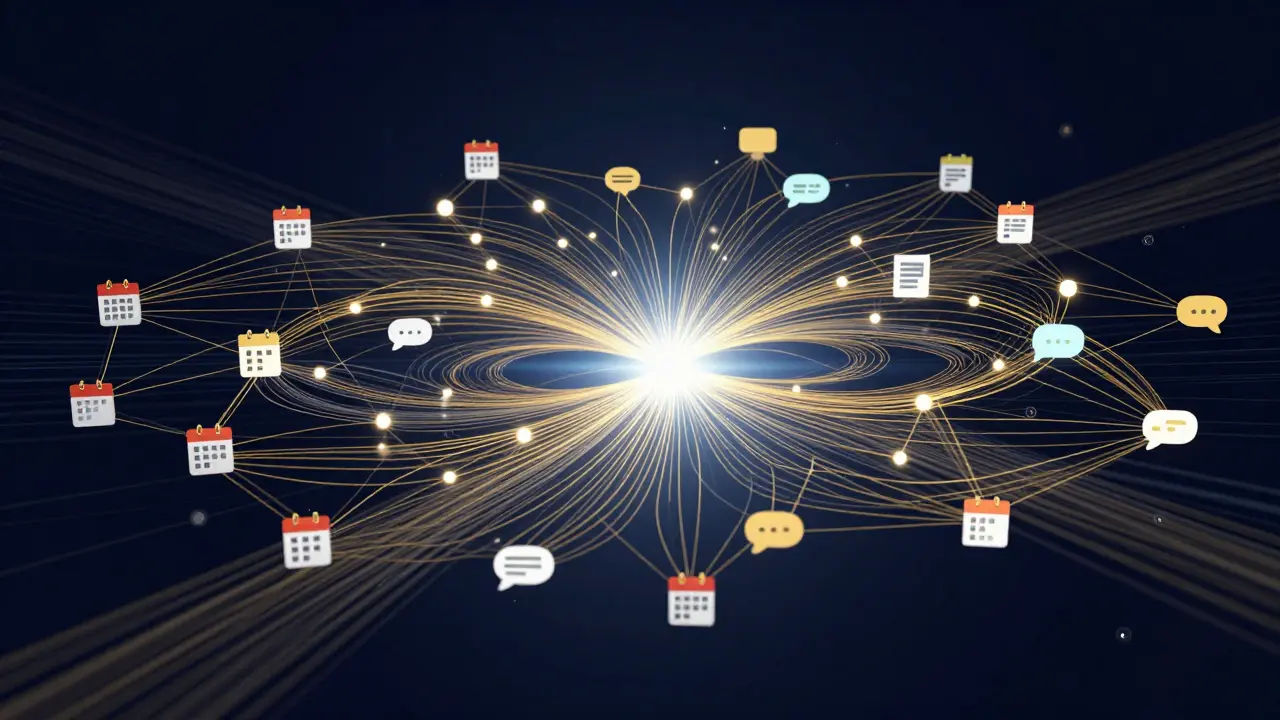 Abstract network of golden data streams converging into a central analytical core