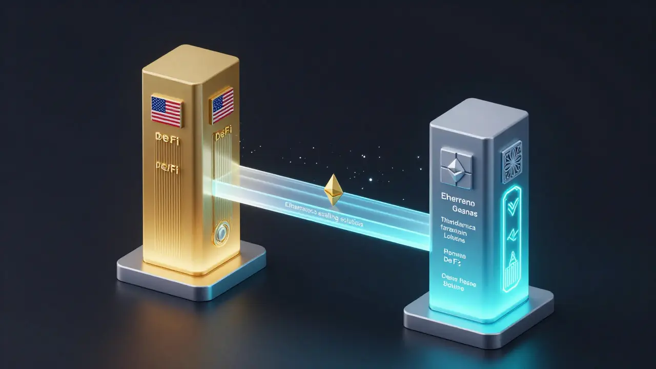 Abstract visualization of Layer 2 networks connecting US and Asian crypto hubs.