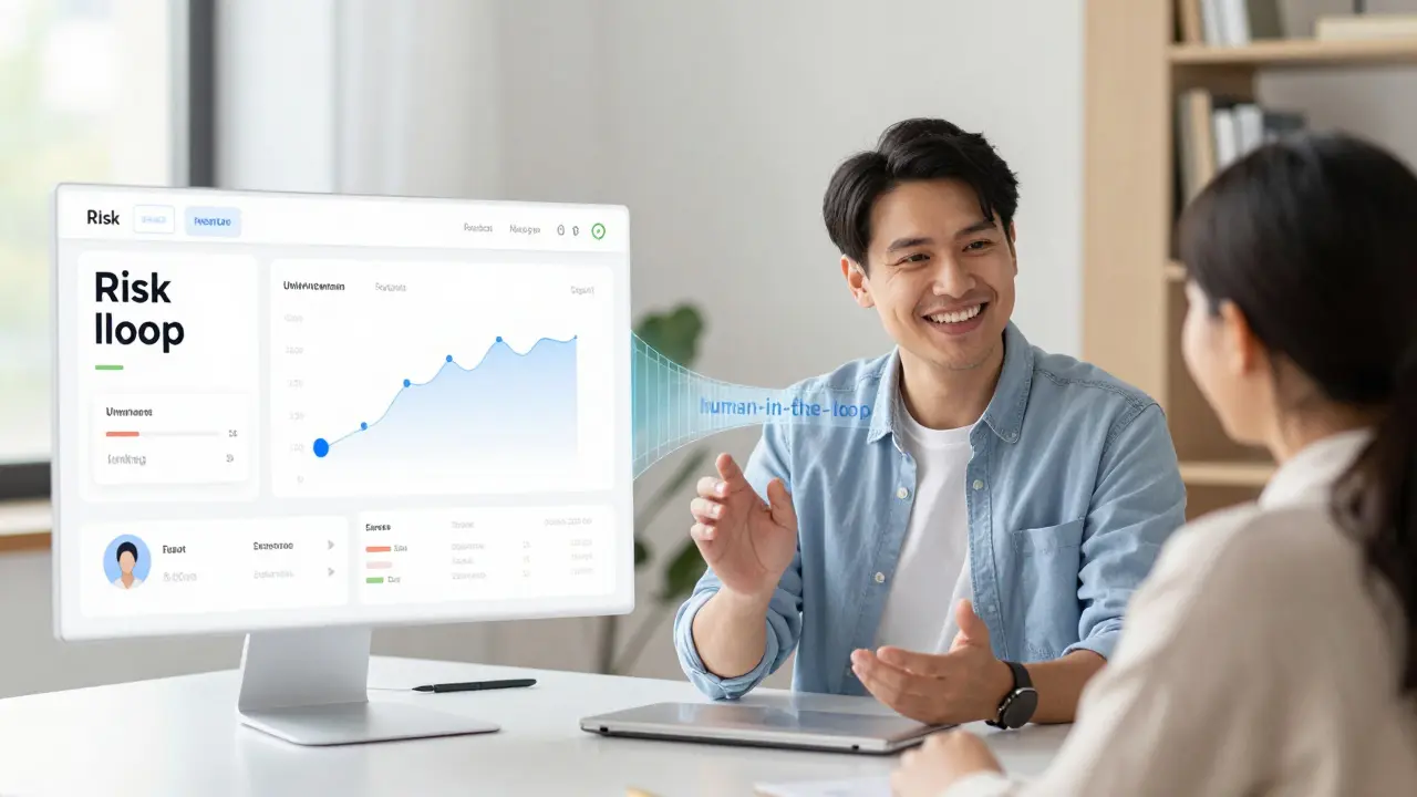 Advisor guiding a student, connected by a digital bridge to analytics dashboard