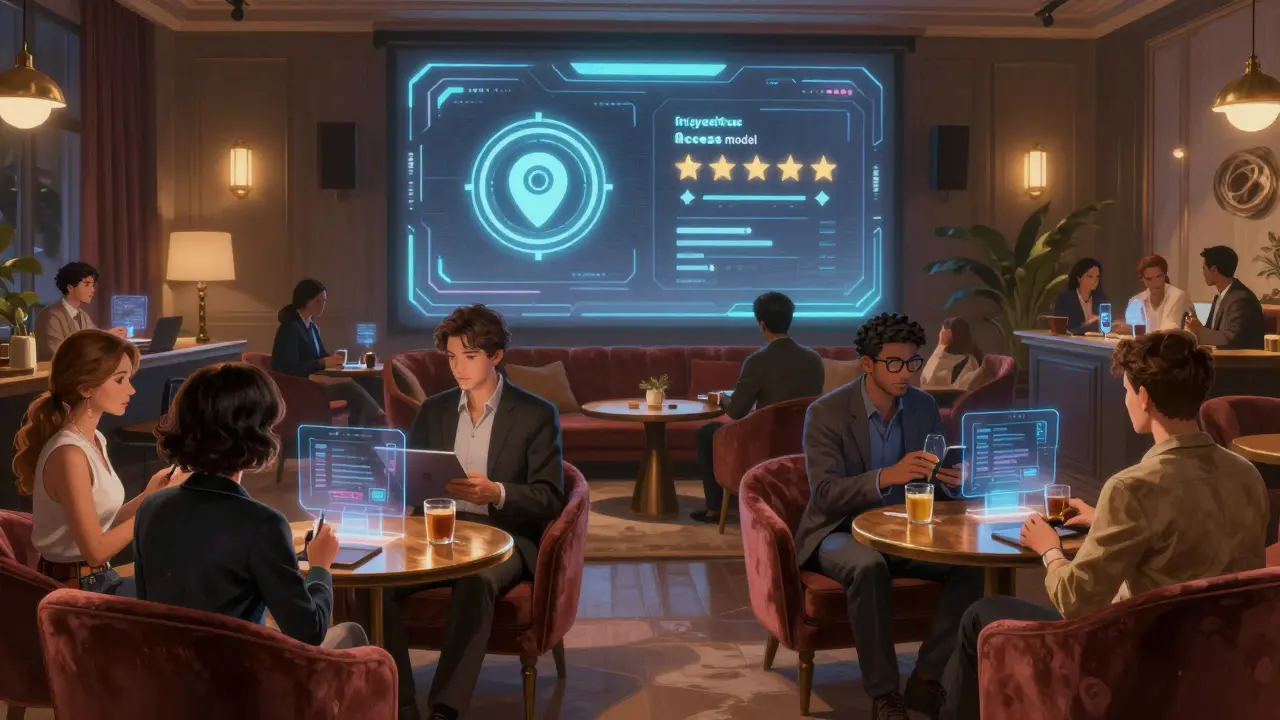 Avatars collaborating in an exclusive, high-value virtual community lounge