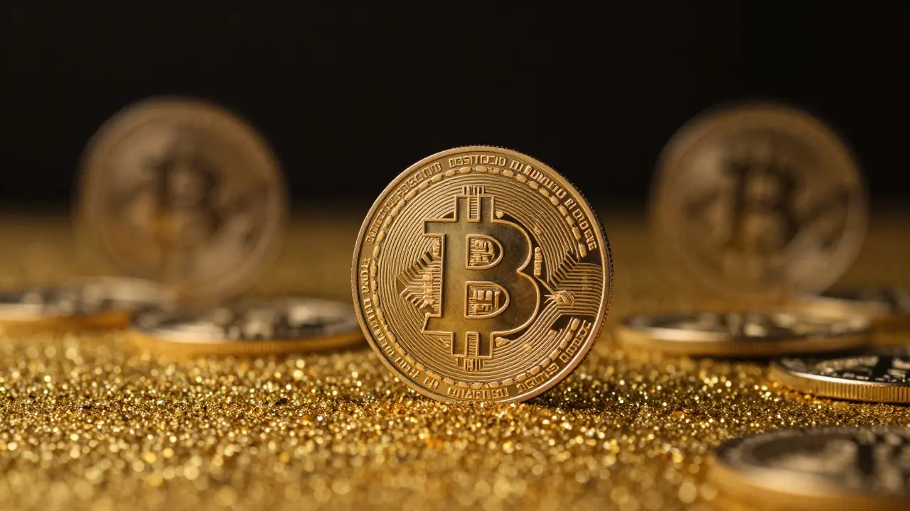 Close-up of Bitcoin coin on gold dust symbolizing digital gold