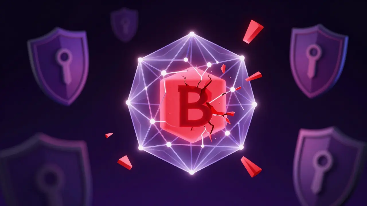 Conceptual art of a blockchain node cracking and losing stake due to slashing penalties
