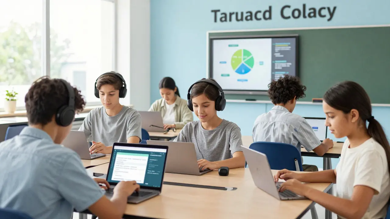 Diverse students using accessible tech in a calm, structured classroom