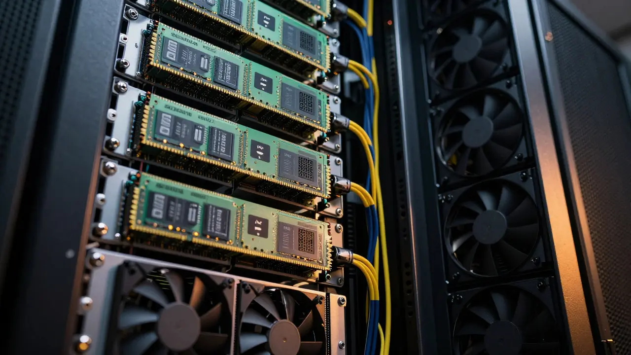 Enterprise server rack with ECC RAM and NVMe drives for high-performance Solana validation