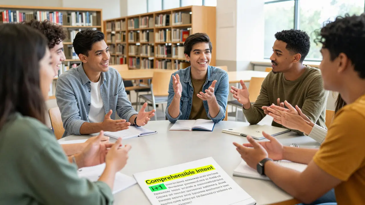 Fluent students debating confidently in a modern library setting