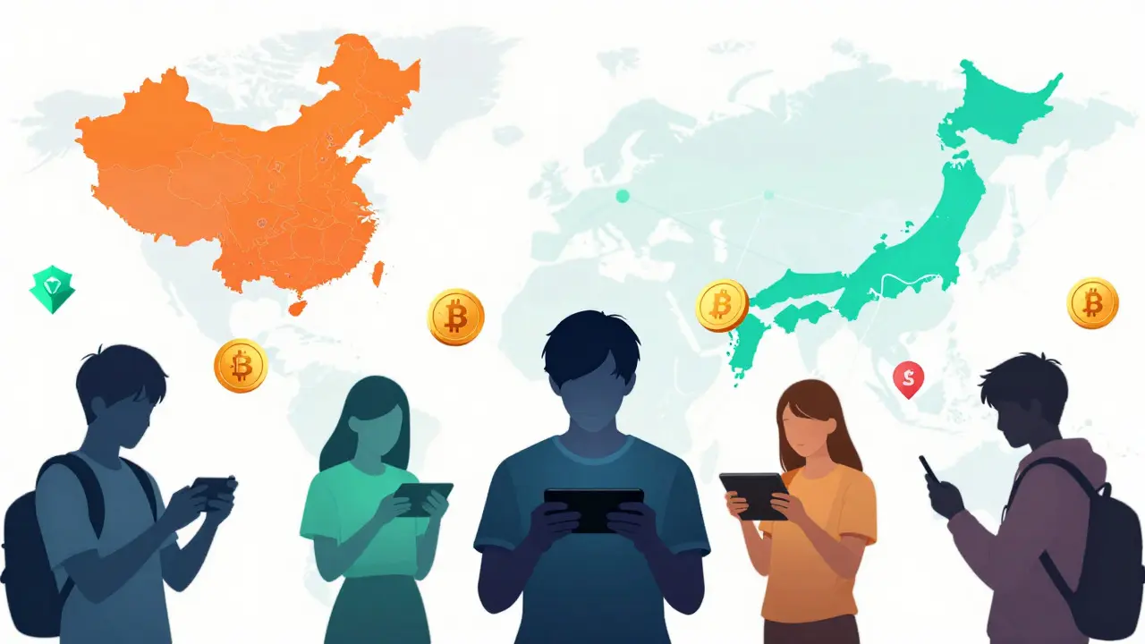 Gamers in Asia using mobile devices for blockchain games and NFTs.