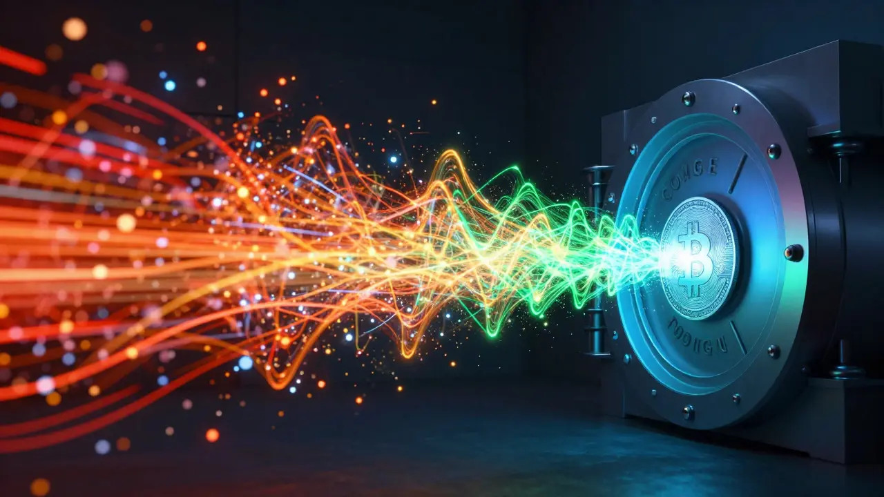 Glowing data streams flowing from exchanges to cold storage wallets indicating netflow.
